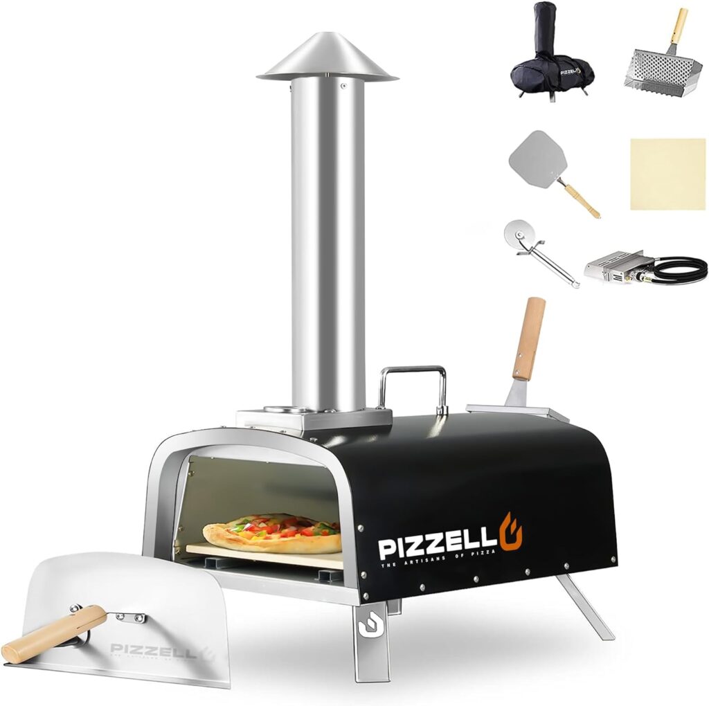 12 Outdoor Pizza Oven Propane  Wood Fired Pizza Maker Multi-Fuel Pizza Ovens with Gas Burner, Wood Tray, Stone, Pizza Peel, Cover, Forte Gas (Black)