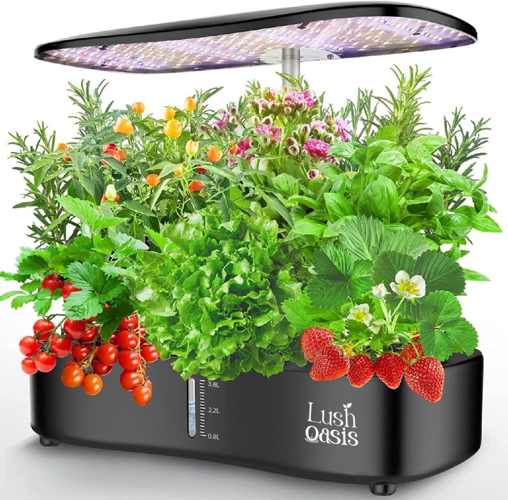 12 Pods Hydroponics Growing System with LED Grow Lights, Smart Indoor Garden Planter, Plants Germination Kit (No Seed) with Pump System, Built-in Fan, Automatic Timer, Adjustable Height