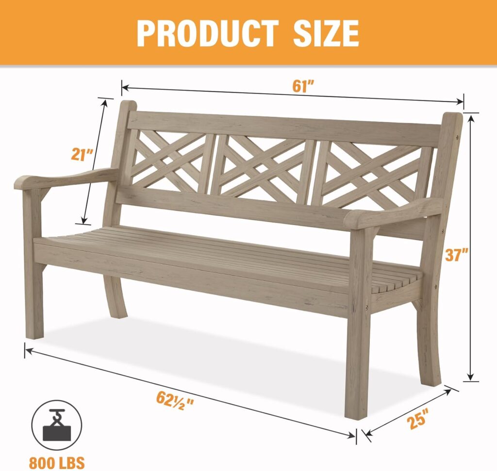 49W Outdoor Bench, All-Weather Poly Lumber Garden Bench with Decorative Backrest and Curved Armrests, 2-Person Patio Bench Anti-Fade for Porch, Backyard, and Park, Grey