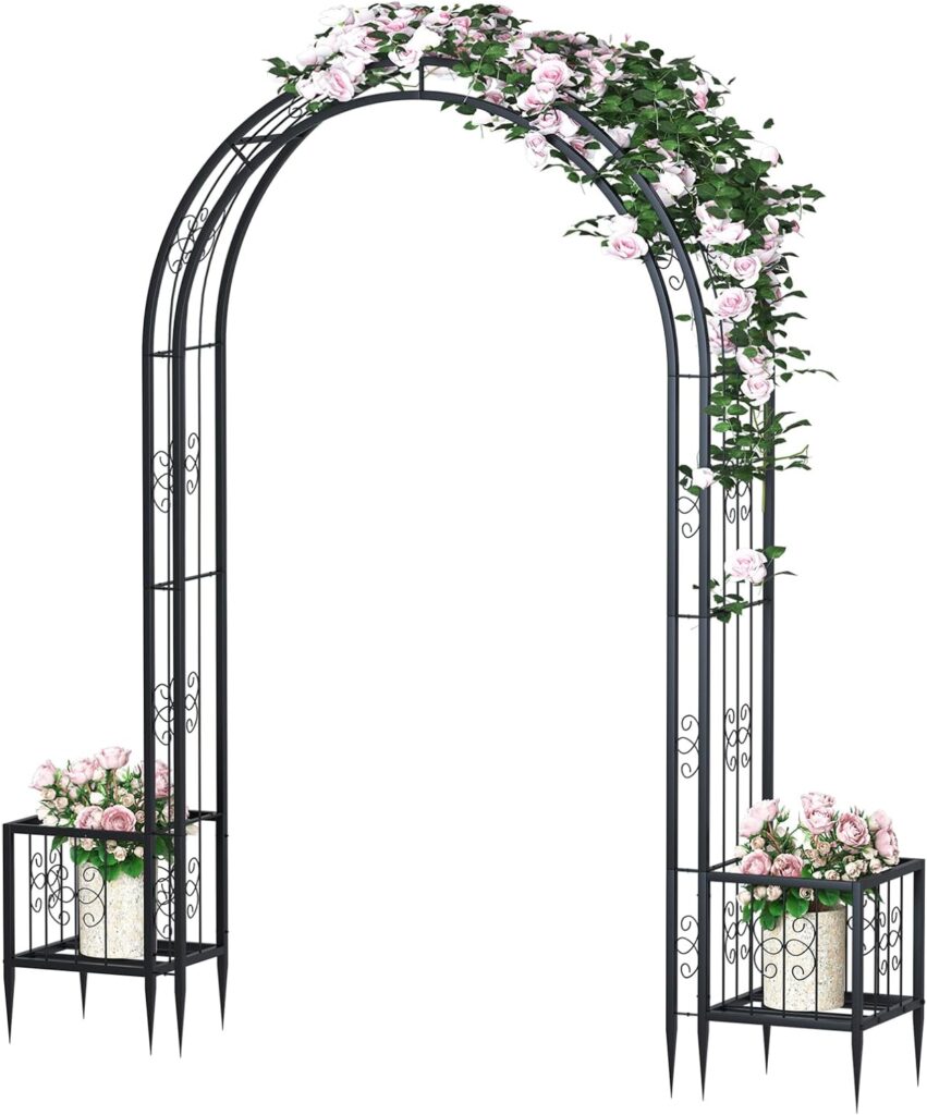 88in Steel Garden Arch Arbor Trellis with Planter Boxes for Climbing Plants Outdoor, Yard, Wide Sturdy Durable Garden Arch for Lawn,Outdoor Wedding Arch(Black)