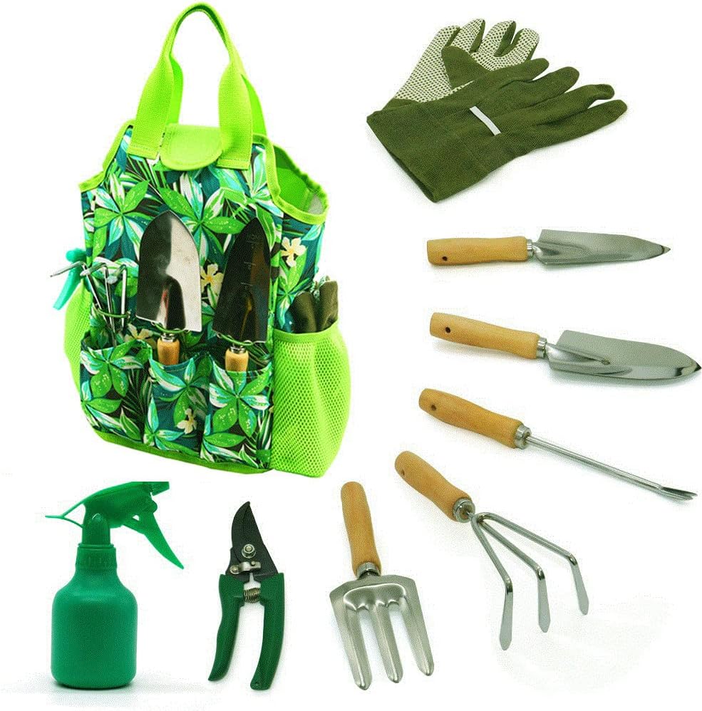 9-Piece Garden Tools Set with Gloves and Colorful Tote - Gardening Hand Tools Kit with Storage Bag