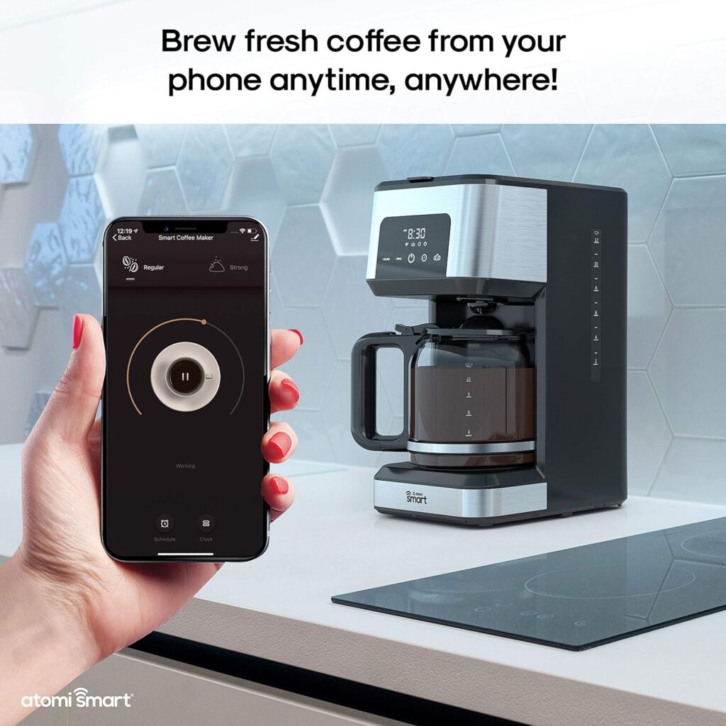 Atomi Smart WiFi Coffee Maker - No-Spill Carafe Sensor, Black/Stainless Steel, 12-Cup Carafe, Reusable Filter, Customization Features, Control with Voice or App, Works with Alexa and Google Assistant