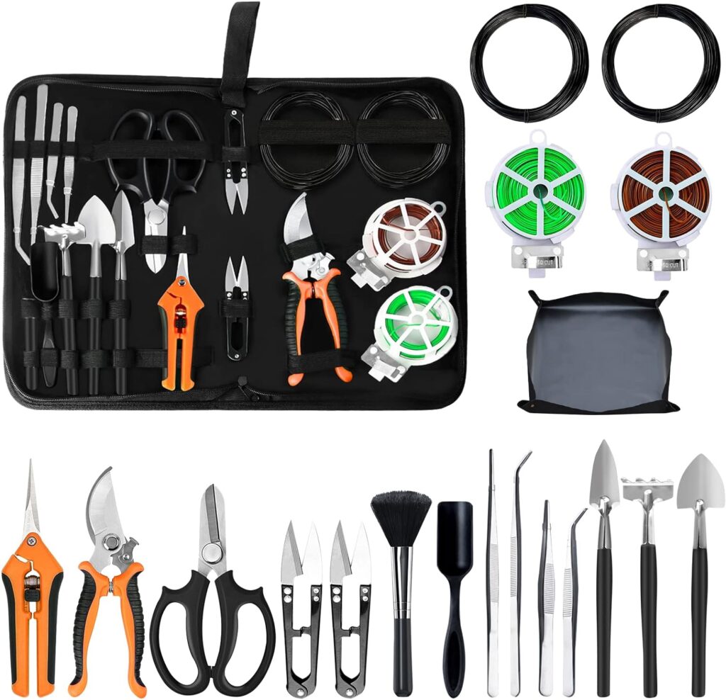 Bonsai Tools Set, 20 Pcs Gardening Succulent Tree Indoor Beginner Tool Kit, Include 262 Feet Bonsai Wire, 29.5x29.5 Plant Repotting Mat, Leather Bag, Bonsai Scissors, Pruning Shears, Gifts for Women