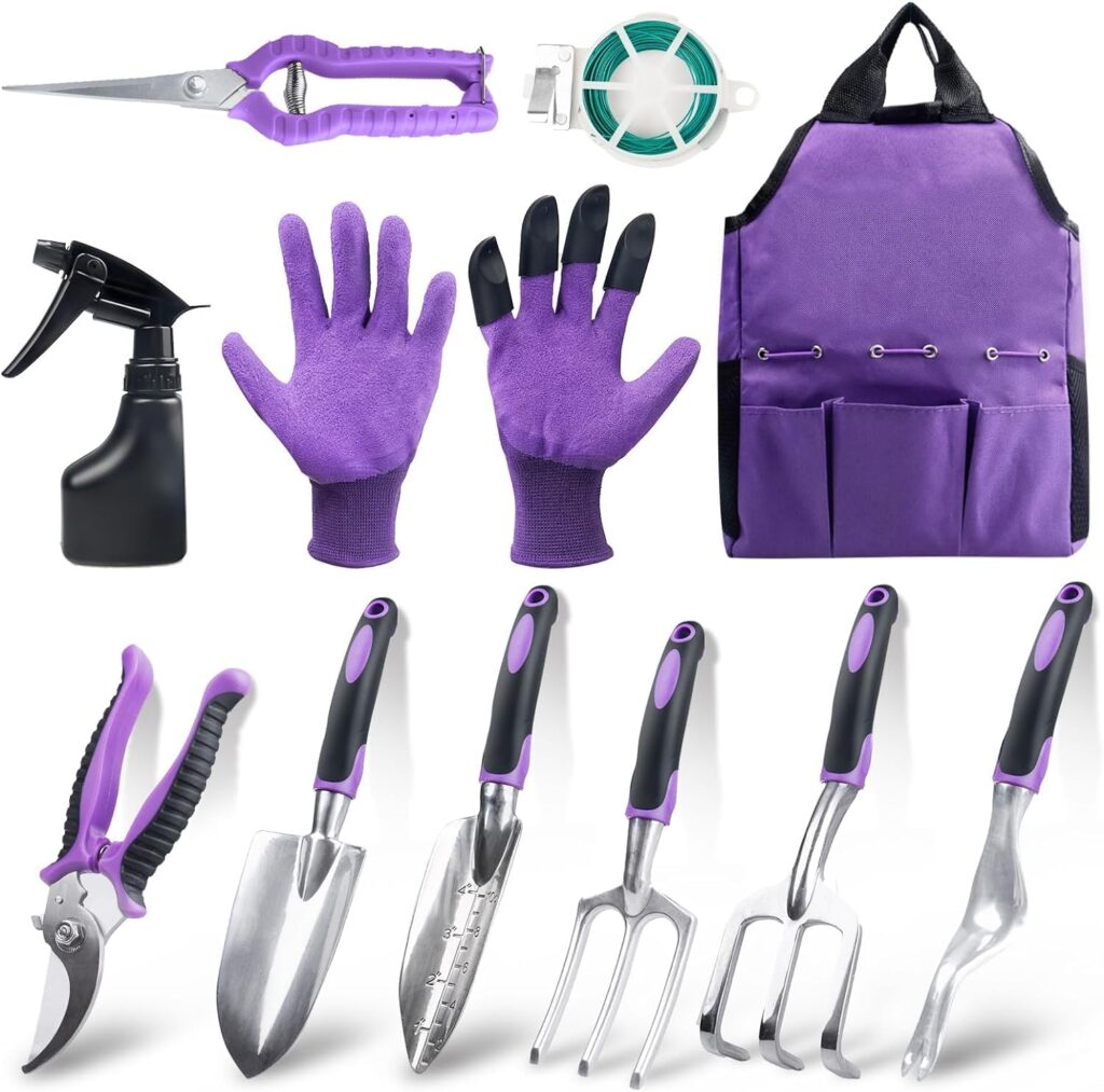 Covacure Gardening Tool Set - 11 Piece Aluminum Alloy Steel Hand Tool Starter Kit with Garden Bag, Outdoor Tool, Heavy Duty Gardening Work Set, Gardening Tools Gift for Women and Men