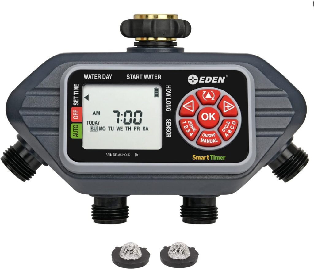 Eden 93413 Programmable Digital Water Timer 4-Zone, Compatible with Wireless Soil Moisture Sensor