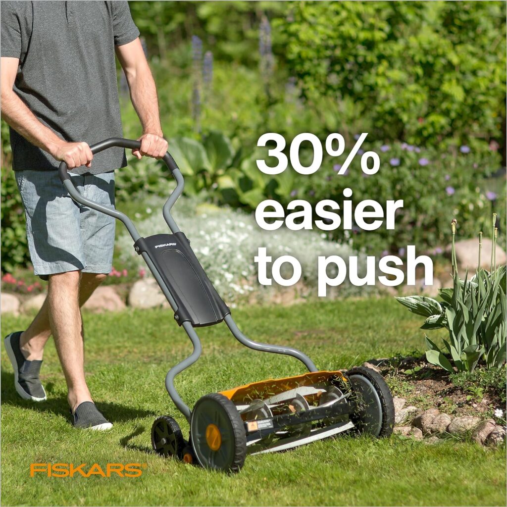 Fiskars StaySharp Push Mower - 17 Self-Propelled Lawn Mower - Yard and Garden Tools - Orange