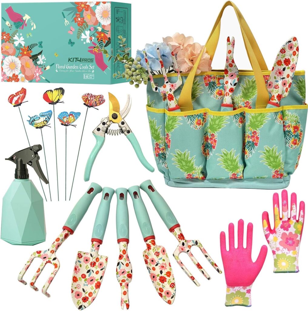 Floral Garden Tool Set| Gardening Gifts for Women Birthday| Heavy Duty Tools Kit|Storage Tote Bag Organizer| Pruning Shears| Gardener Gloves| Sprayer| Weeder| Trowel (Floral Set)