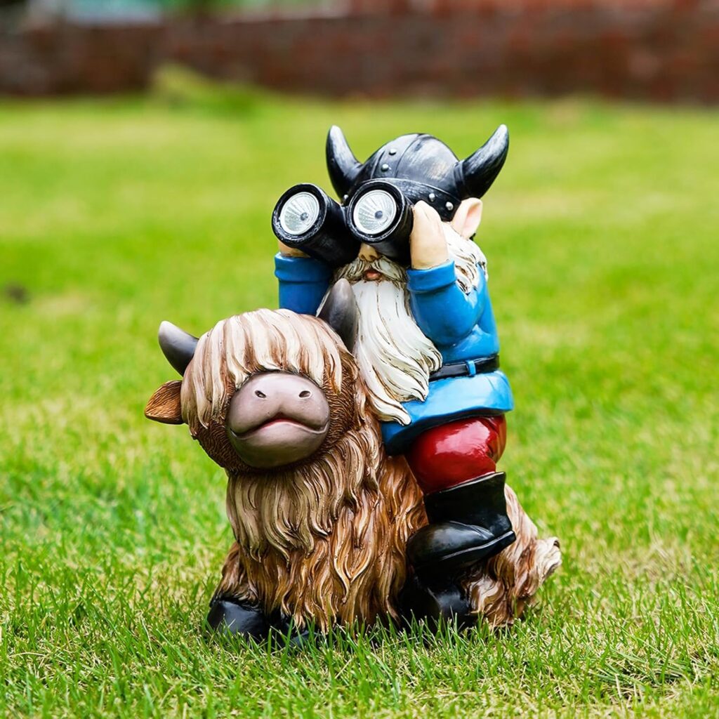 Garden Gnome Statues Resin Gnome Sitting on Highland Cow Solar Lights Outdoor Telescope Gnome Gifts for Yard, Patio Decor (Cow Gnome)