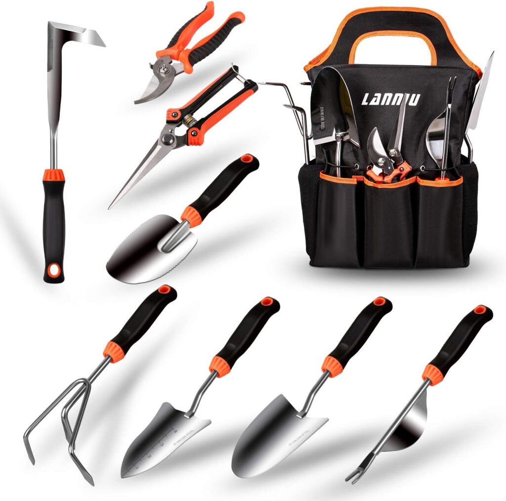 Garden Tool Set, 9 Piece Stainless Steel Heavy Duty Gardening Tool Set, with Non-Slip Rubber Grip, Storage Pocket, Ideal Garden Tool Kit Gift for Women/Parent