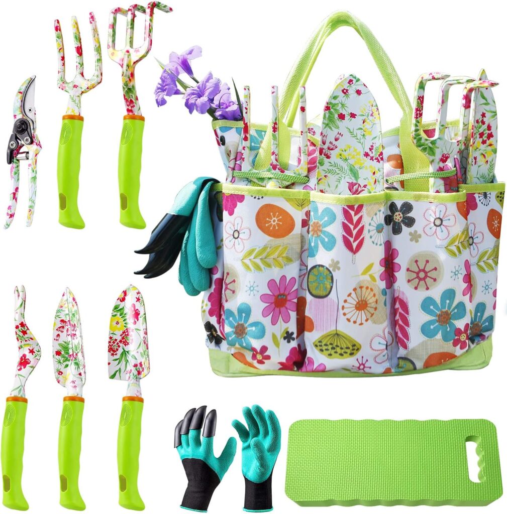 Garden Tool Set,Cute Gardening Gifts for Women,Birthday Gifts for Mom,Heavy Duty Tool Kit with Gloves,Garden Tote,Kneeling Pad,Hand Pruner,Trowel,Hand Rake,Weeder,Fork,Transplanter,Multicolor