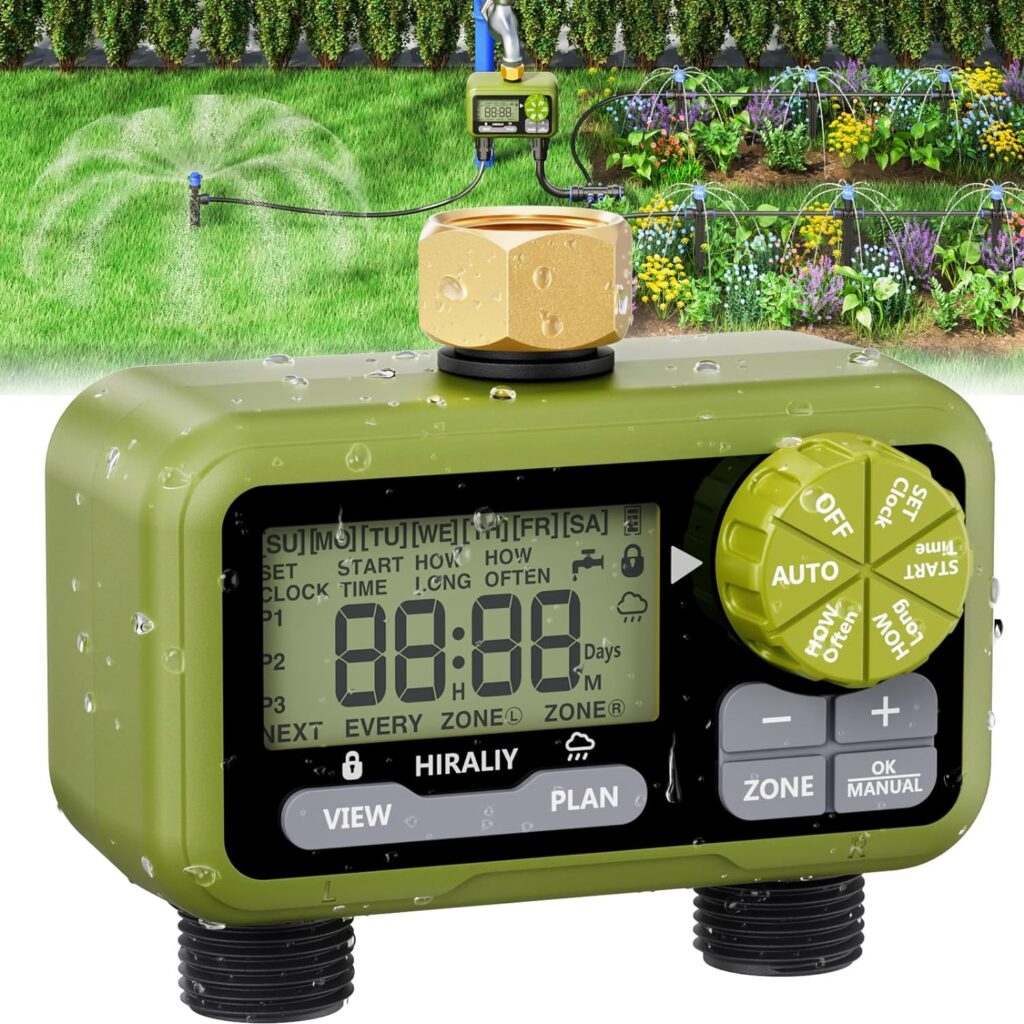 HIRALIY Sprinkler Timer, Water Timer for Garden Hose 2 Zone, Programmable Hose Timer for Watering Lawn Sprinkler Automatic Irrigation System with Brass Swivel, IP65 Waterproof