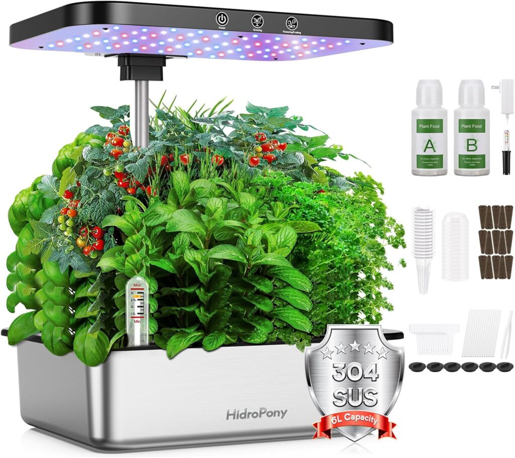 Hydroponics Growing System Herb Garden - HidroPony 15 Pods Indoor Gardening System with Grow Light, Stainless Steel Plants Germination Kit with Quiet Pump System, Gardening Gifts for Women