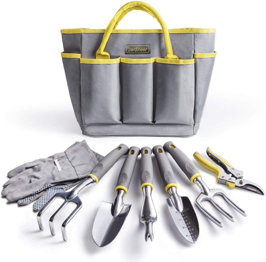 Jardineer Garden Tools Set, 8PCS Heavy Duty Garden Tool Kit with Outdoor Hand Tools, Garden Gloves and Storage Tote Bag, Gardening Tools Gifts for Women and Men