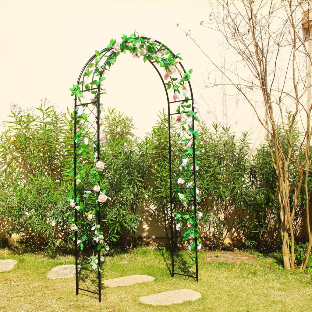 Metal Garden Arch Elegant, Sturdy Garden Arbors Trellises for Climbing Plants, Roses, and Wedding Decor with Stakes Ideal Patio Trellis Pergola for Decoration 7.9 Ft High x 3.8 Ft Wide