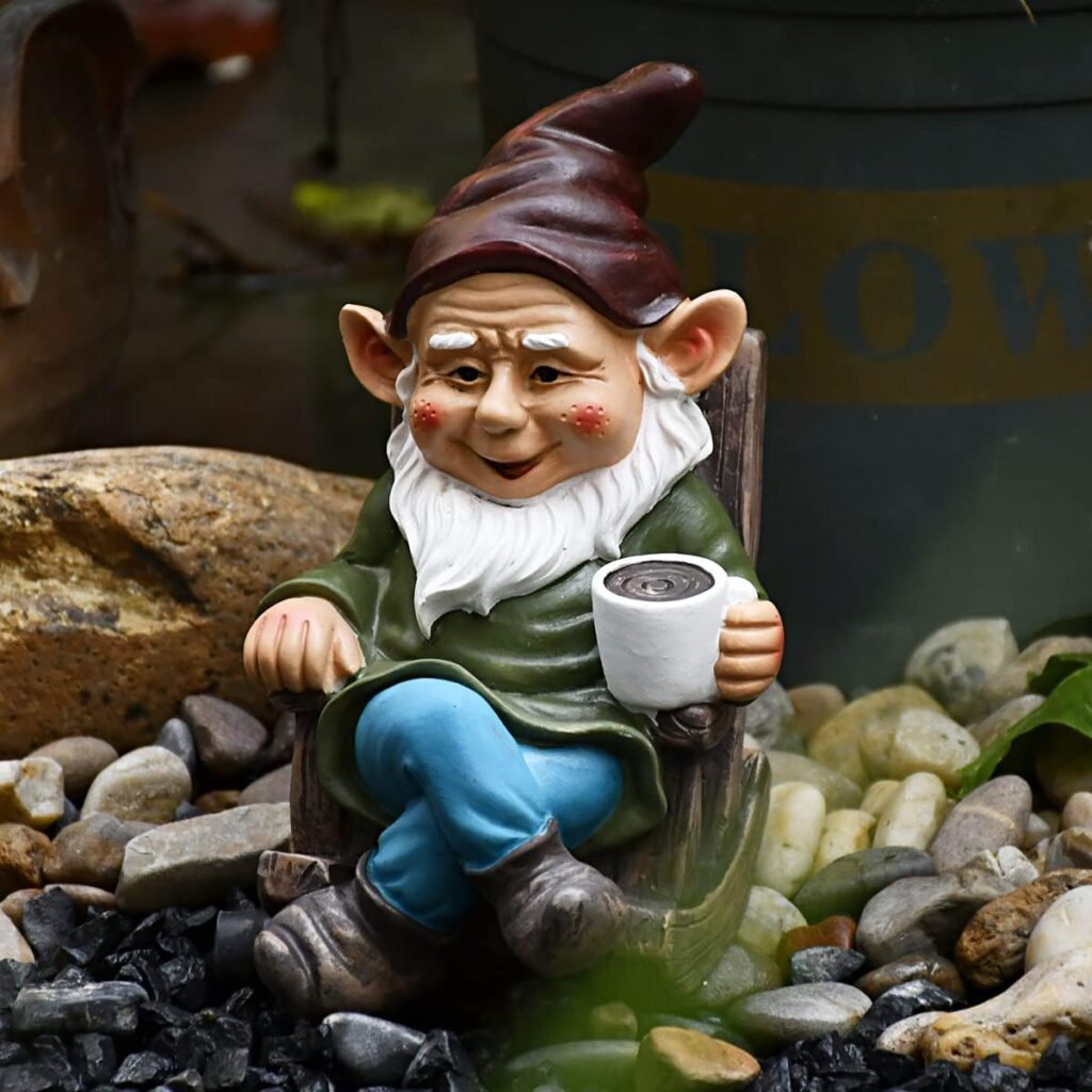 OwMell Drinking Coffee Garden Gnome Statue Decoration 7.3 Figurine Ornament for Indoor Outdoor Home Patio Yard Lawn