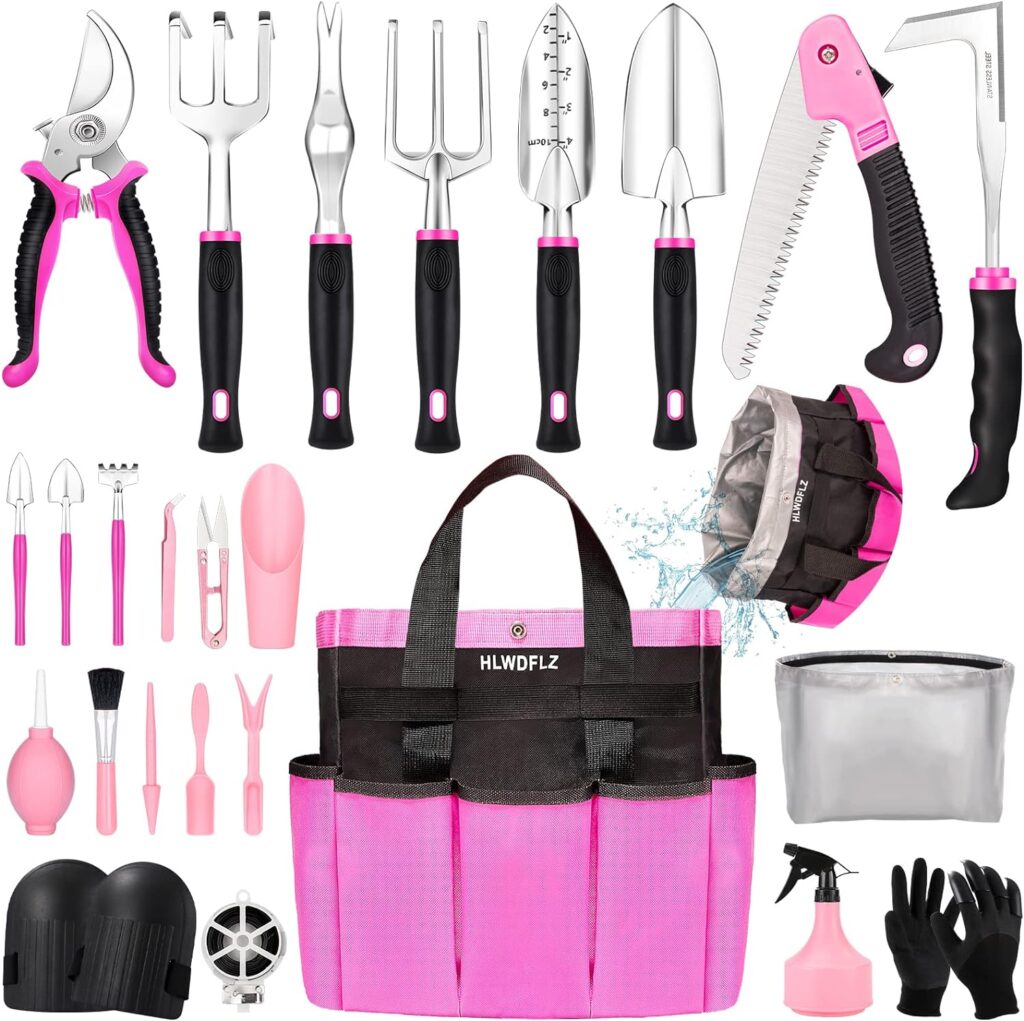 Pink Garden Tool Set Gardening Gifts for Women - 24PCS Heavy Duty Garden Tools with Detachable Storage Bag, Succulent Tool Set, Weeder