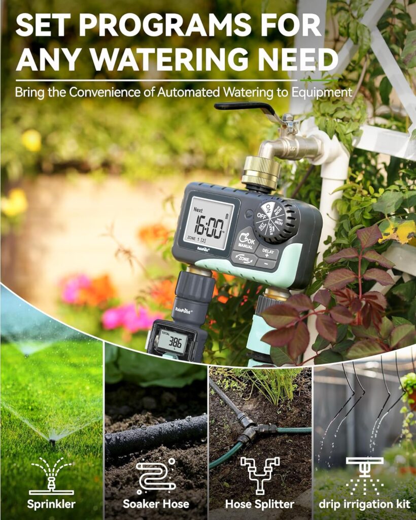 RAINPOINT 2 Zone Sprinkler Timer with Brass Inlet and Outlet - Water Timer for Garden Hose with Rain Delay/Manual Watering/Automatic Irrigation Controller System - Water Hose Timer for Yard Lawn