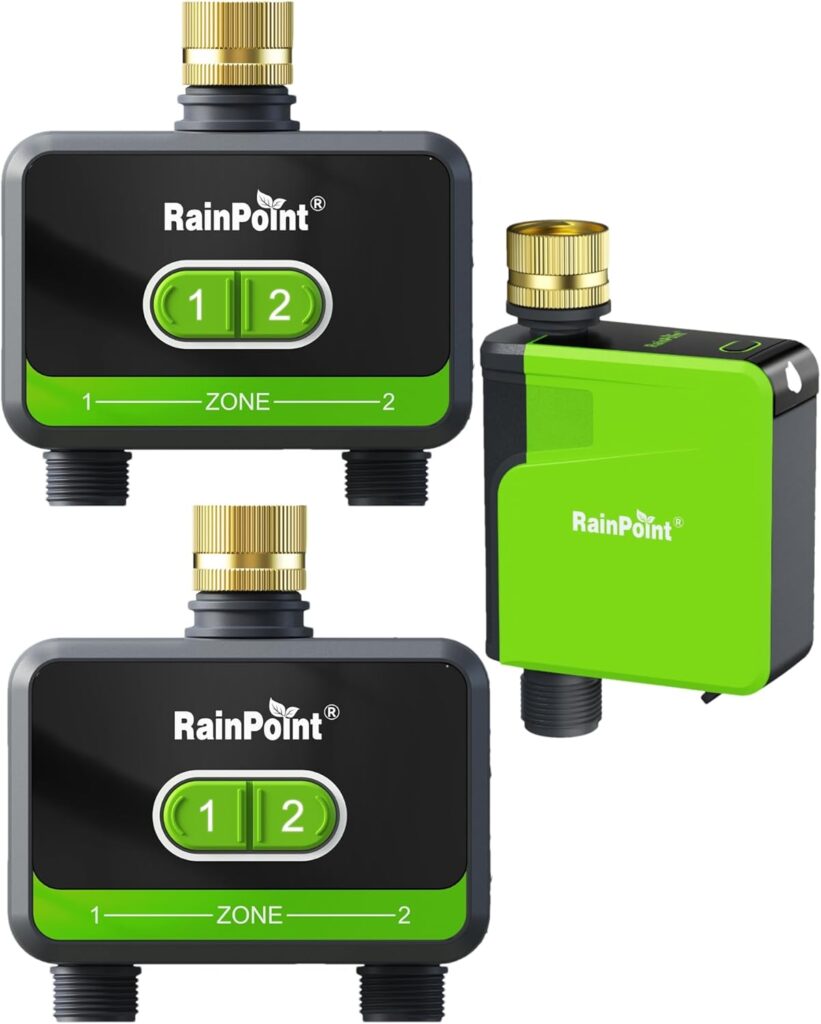 RAINPOINT Smart Water Timer for Garden Hose with Brass Inlet, Bluetooth Sprinkler Timer 2 Outlet