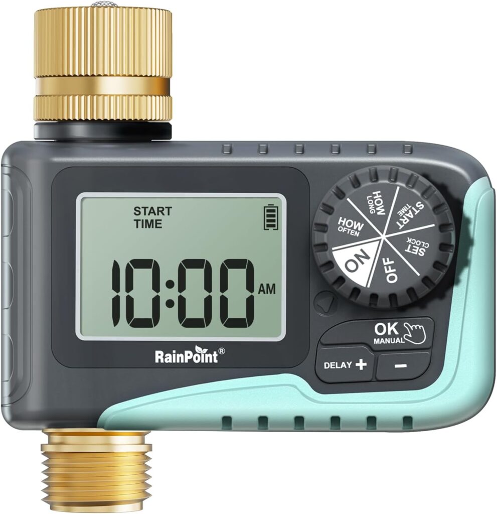 RAINPOINT Sprinkler Timer with Brass Inlet  Outlet, Programmable Hose Timer for Garden Soaker Hose, Water Timer with Rain Delay/Manual Watering System, Digital Drip Irrigation Timer for Yard, Lawn