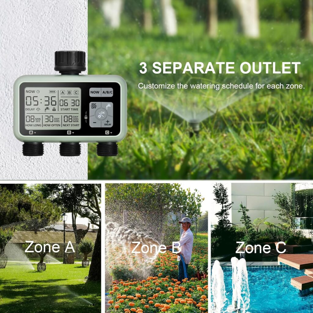 Sprinkler Timer, Programmable Hose Timer for Watering AutoManual Mode, Rain Delay Mode Water Timer for Garden Hose Outdoor IPX5 Waterproof Irrigation Timer 3 Zone for Yard, Lawns and Pool