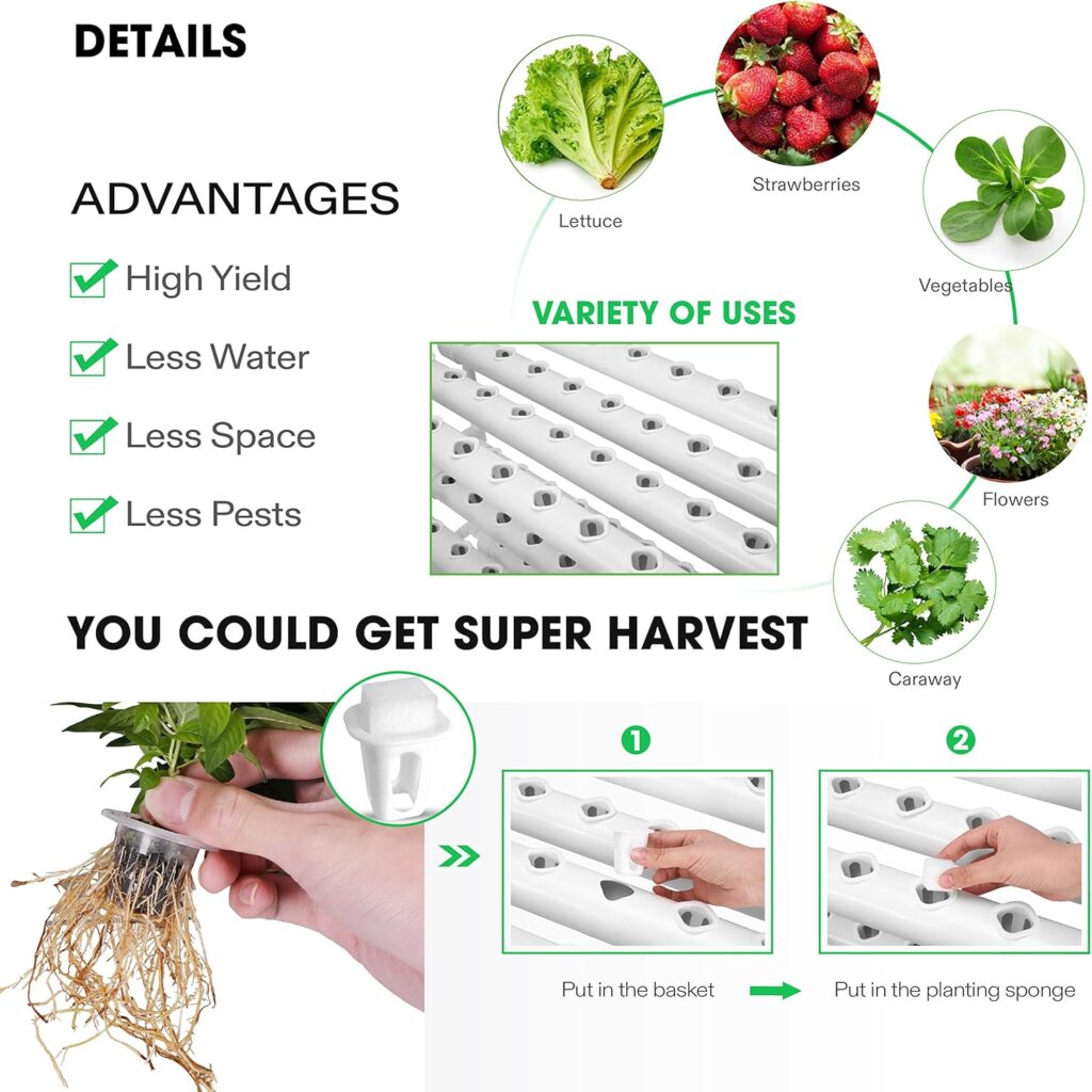 VIVOSUN Hydroponics Growing System 90 Plant Sites, 3 Layers 10 Food-Grade PVC-U Pipes Hydroponic Gardening System Grow Kit with Water Pump, Pump Timer, Nest Basket and Sponge for Leafy Vegetables