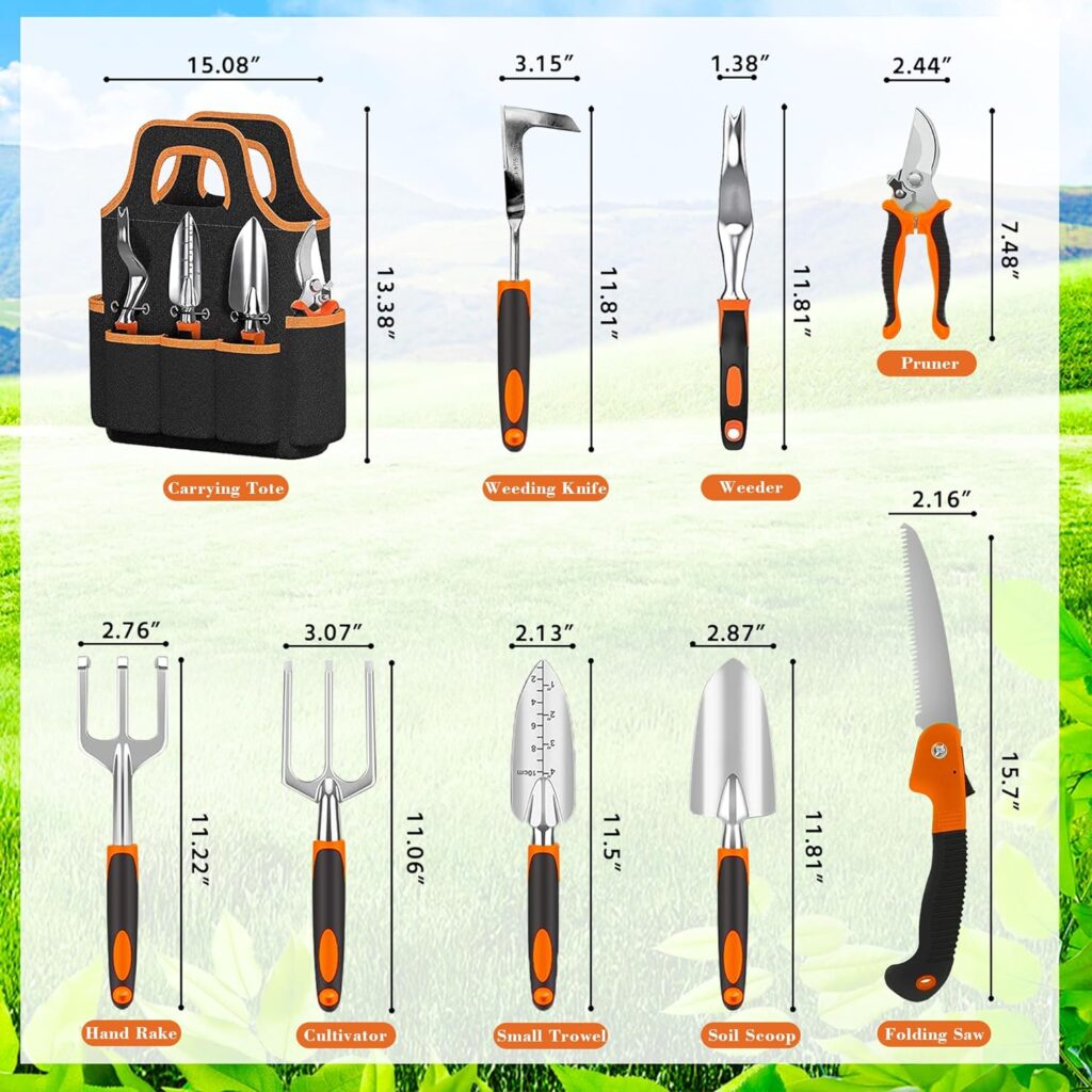 WNJ Garden Tool Set, 14PCS Complete Set of Heavy-Duty Stainless Steel Gardening Hand Tools with Stylish and Durable Tool Bag and Non-Slip Rubber Grips, Ideal Gardening Kit Gift for Women and Men