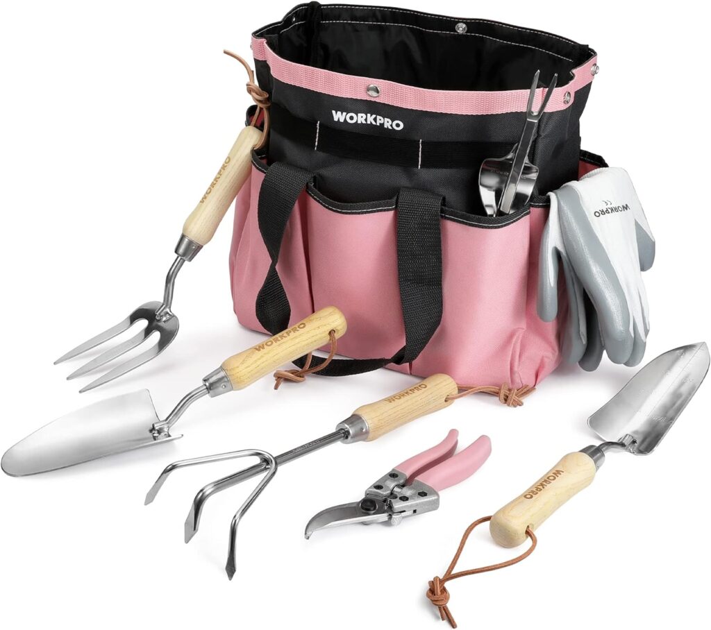 WORKPRO 7-Piece Pink Garden Tool Set, Stainless Steel Gardening Tools with Wood Handle, Including Garden Tote, Gloves, Trowel, Hand Weeder, Cultivator and More, Gardening Gifts For Women - Pink Ribbon