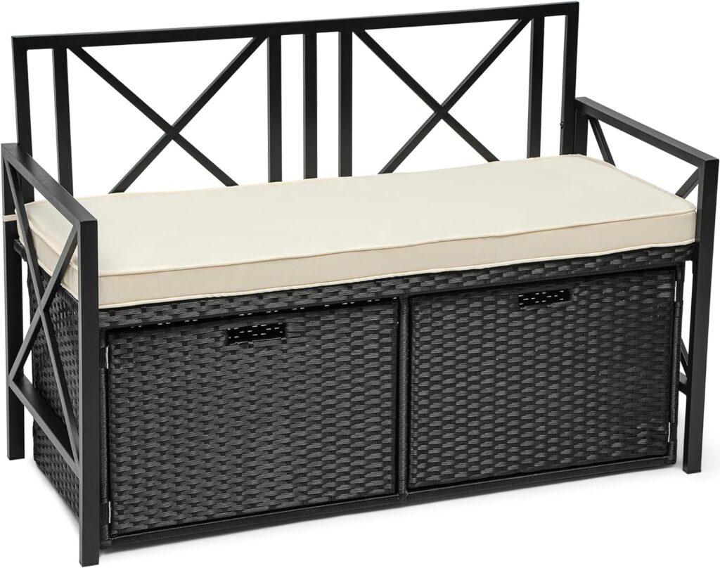 YITAHOME 70 Gallon Outdoor Storage Bench w/Cushion, Wicker Storage Deck Box w/Seat, All-Weather PE Rattan Storage Seating for Patio Furniture, Outdoor Cushions and Garden Tools -BlackBeige