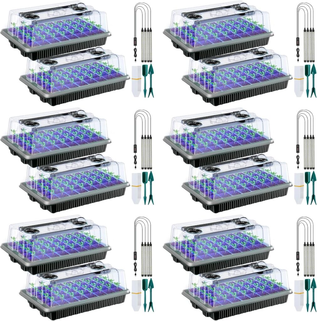 12 Packs Seed Starter Tray with Grow Light 40 Cells Seedling Starter Kit with Humidity Domes Seedling Starter Trays Seed Germination Kit with Garden Tools for Seedling Starting Propagation