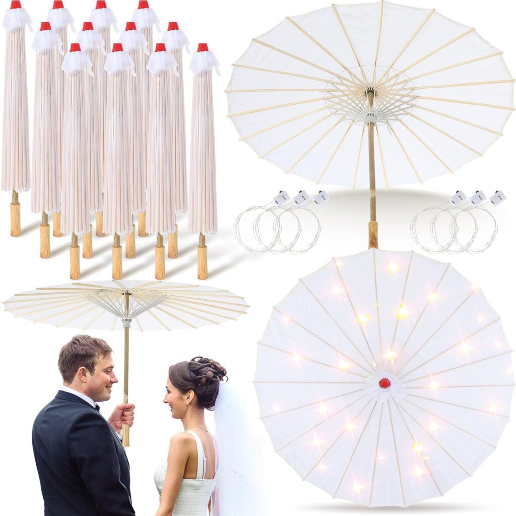 12 Pcs 32.3 In Paper Parasol Umbrella with 12 Fairy Light White Oiled Paper Silk Cloth Umbrella Chinese Japanese Umbrella Parasol Umbrella DIY Painting Umbrellas Crafts for Wedding Bridal Decor