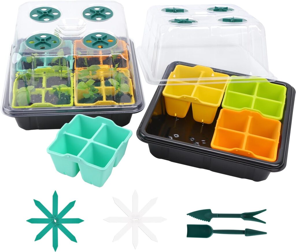 2 Pack Seed Starter Tray - 32 Cells Seedling Starter Kit: Humidity Dome, Silicone Tray, Planting Tray, Gardening Tool, Plant Label - Greenhouse Set for Indoor Gardening Plant Germination Trays