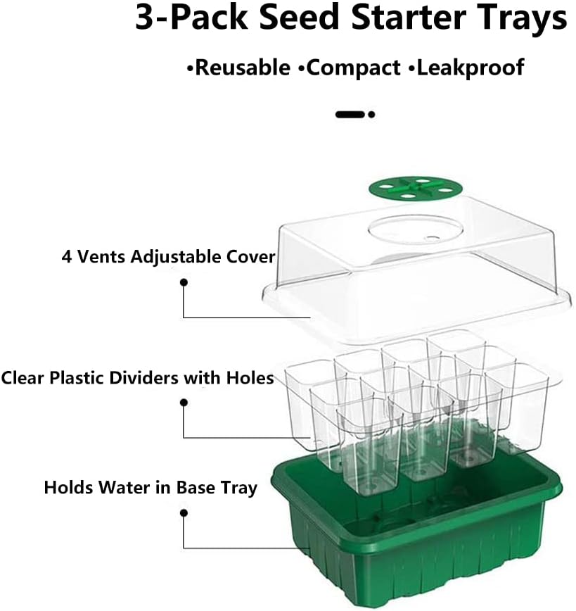 3 Pack Seed Starter Tray with Humidity Dome and Base (36 Cells Total), Plant Germination Kit for Seeds Growing Starting, Mini Seedling Propagator Small Greenhouse, Reusable Garden Supplies