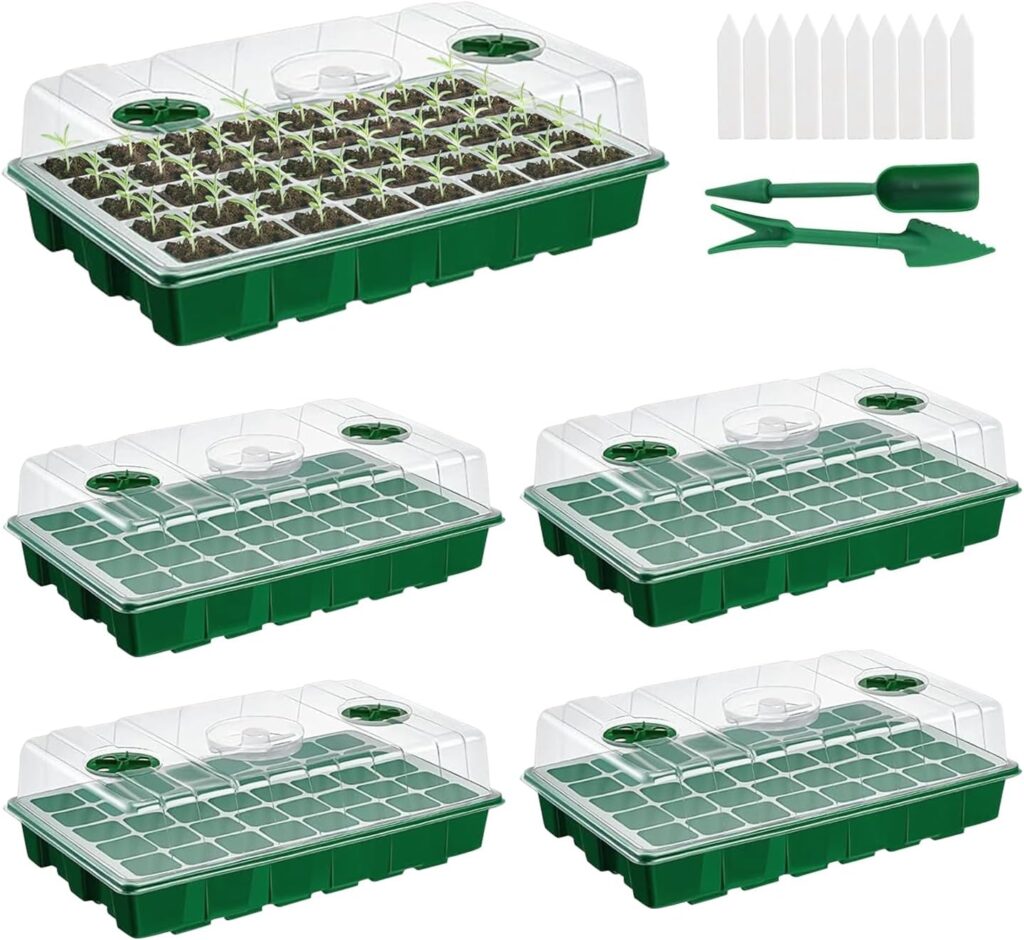 5-packs Seed Starter Tray Thicken Seed Starter Kit, with Humidity Adjustable Dome, for Seeds Growing Starting Plant Germination Trays, Mini Green House Germination Trays. (40 Cells Per Tray Total 200)