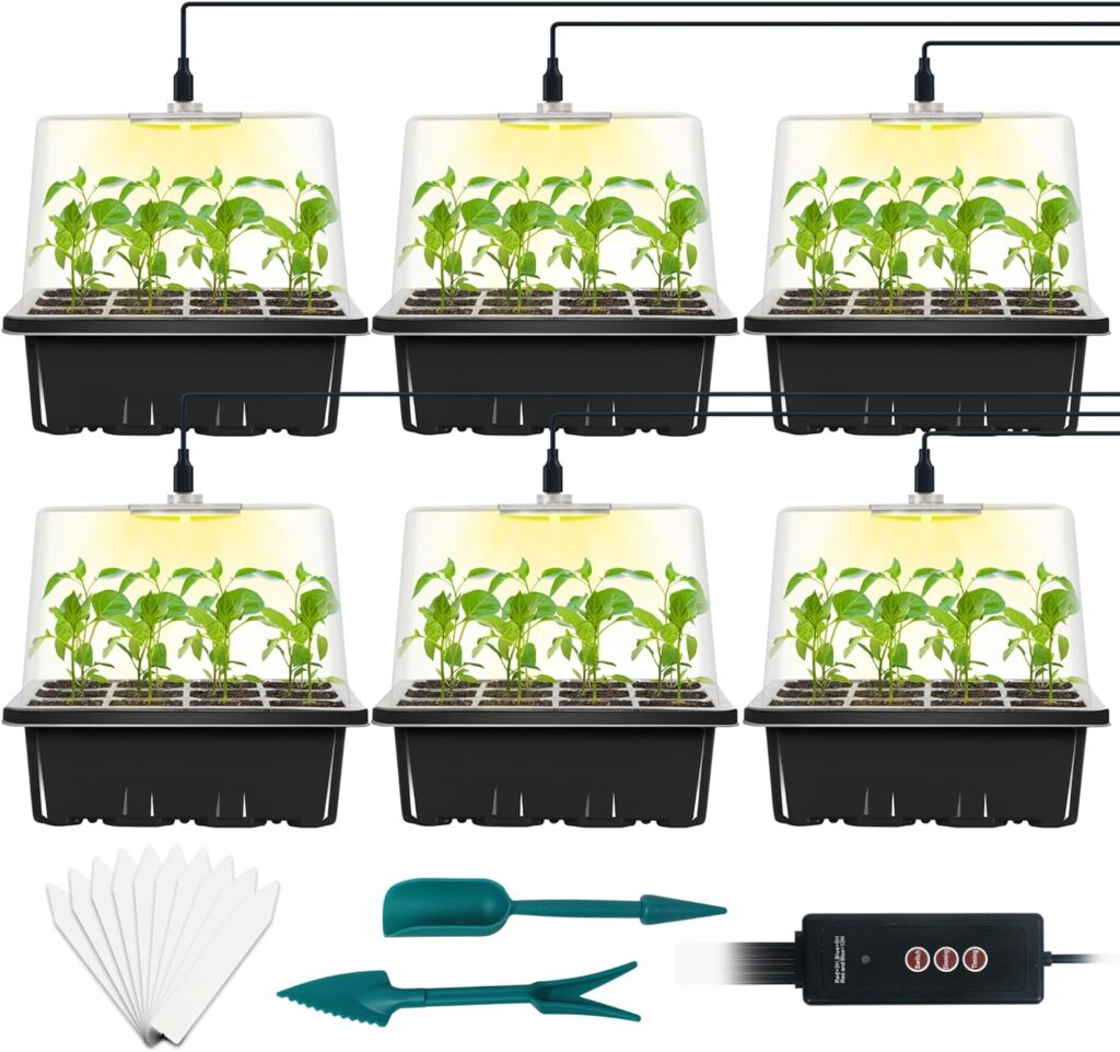 6-Set Seed Starter Tray with Grow Light, Seed Starting Trays Kits with Timing Controller Adjustable Humidity Domes Heightened Lids(12-Cells Per Tray)