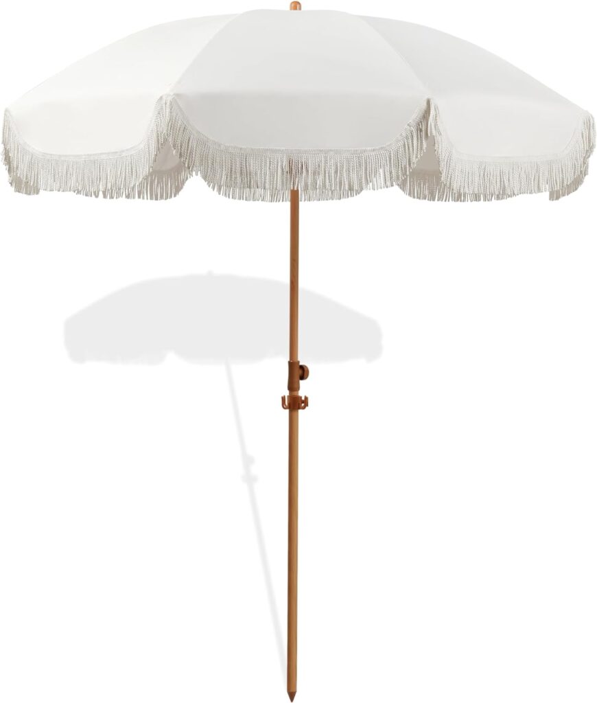 6.5ft Patio Umbrella with Fringe, Beach Umbrella, Fringe Umbrella Outdoor Patio with Hanging Hook, Tilting Aluminum Pole, UV 50+, Fiberglass Ribs, Elegant Cream