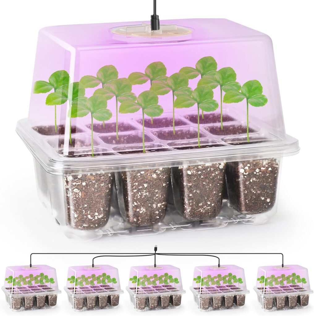 Bonviee 5 Packs Seed Starter Tray with Grow Light, Elevated Seedling Starter Trays Kits with Adjustable Humidity Domes and Clear Cell Tray, 8 full spectrum led lamp beads for Plants Indoor-Clear