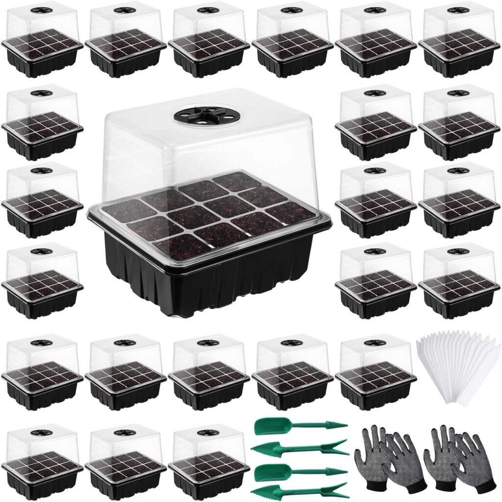 Gerrii 24 Pack Seed Starter Tray with Elevated Lid 288 Cells Mini Greenhouses Germination Kit with with Humidity Domes and Plastic Seeding Tools Labels Gloves for Greenhouse and Gardens(Black)