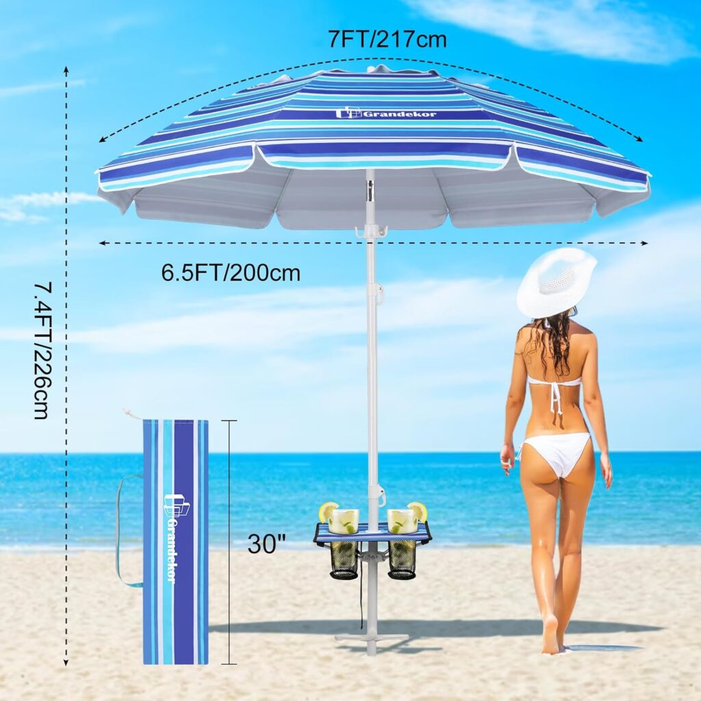 Grandekor Beach Umbrellas for Sand Heavy Duty Wind Portable Beach Umbrella with Table Travel Beach Umbrella with Carry Bag 7FT Sun Umbrella Beach, UV 50+