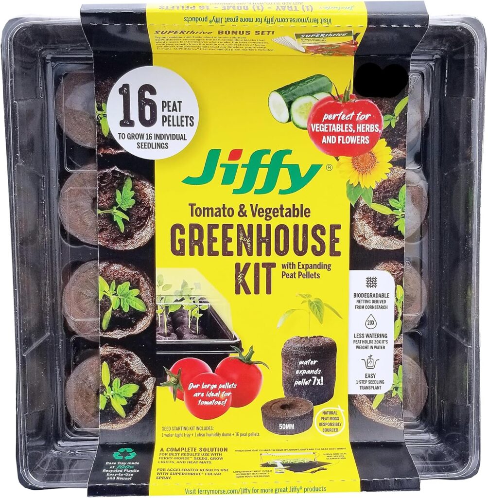 Jiffy 50mm Seed Starting Tomato  Vegetable Greenhouse Kit with 16 Plant-based Expanding Peat Pellets + Bonus SUPERthrive  Plant Labels