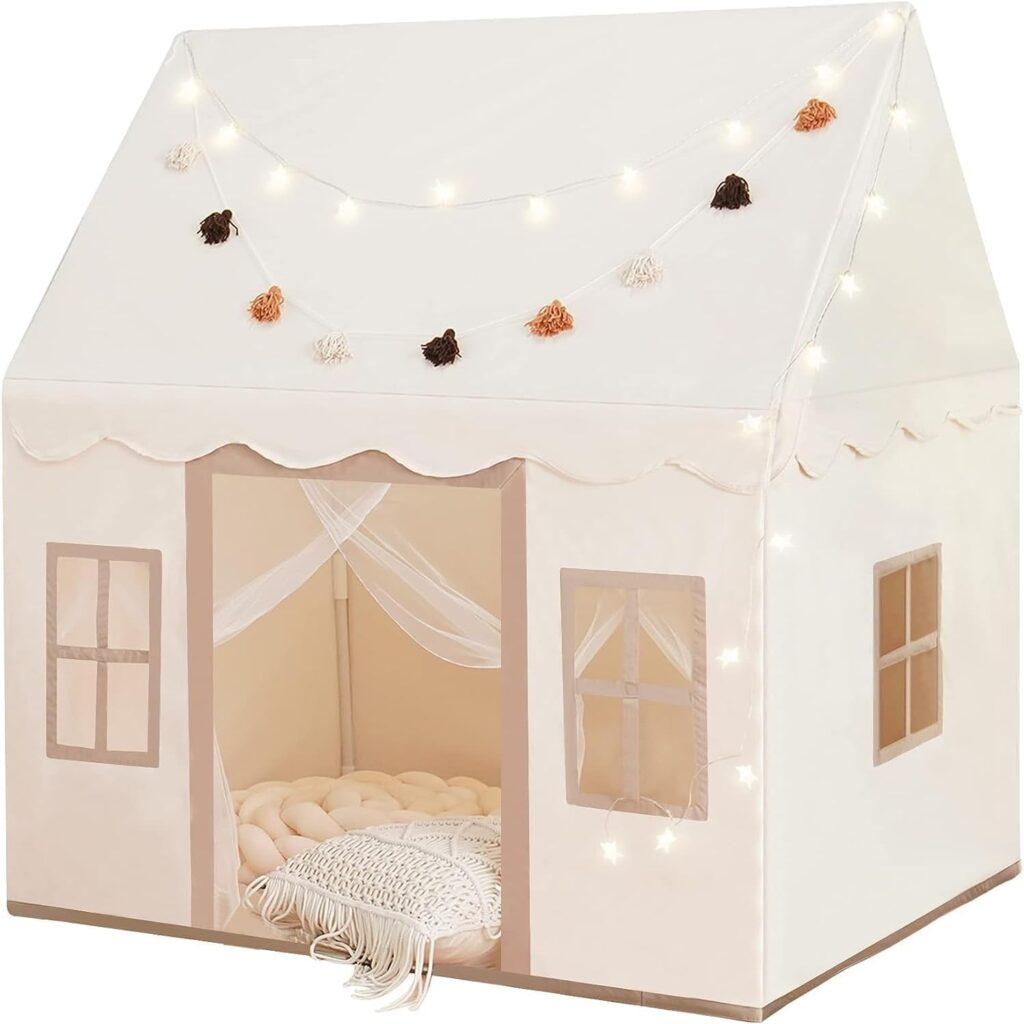 Large Kids Tent with mat, Star Lights, Tissue Garland, Play Tent Indoor  Outdoor, Kids Play Tent for Girl  Boy Aged 3+, Kids Tent for Toddler, 52 x35 x 52 Play House with Windows, Washable