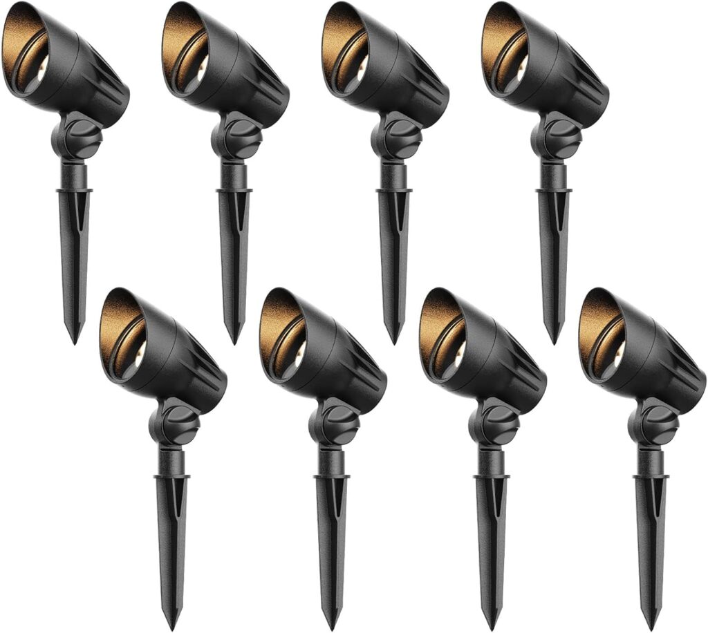 Malibu Low Voltage Spotlights 11W LED Spot Lights 12V Outdoor 8PK Black Landscape Lighting Kits 300 Lumen 2700K Warm White Metal Flood Lights with Spike Stakes and Connectors for Driveway Lawn Garden