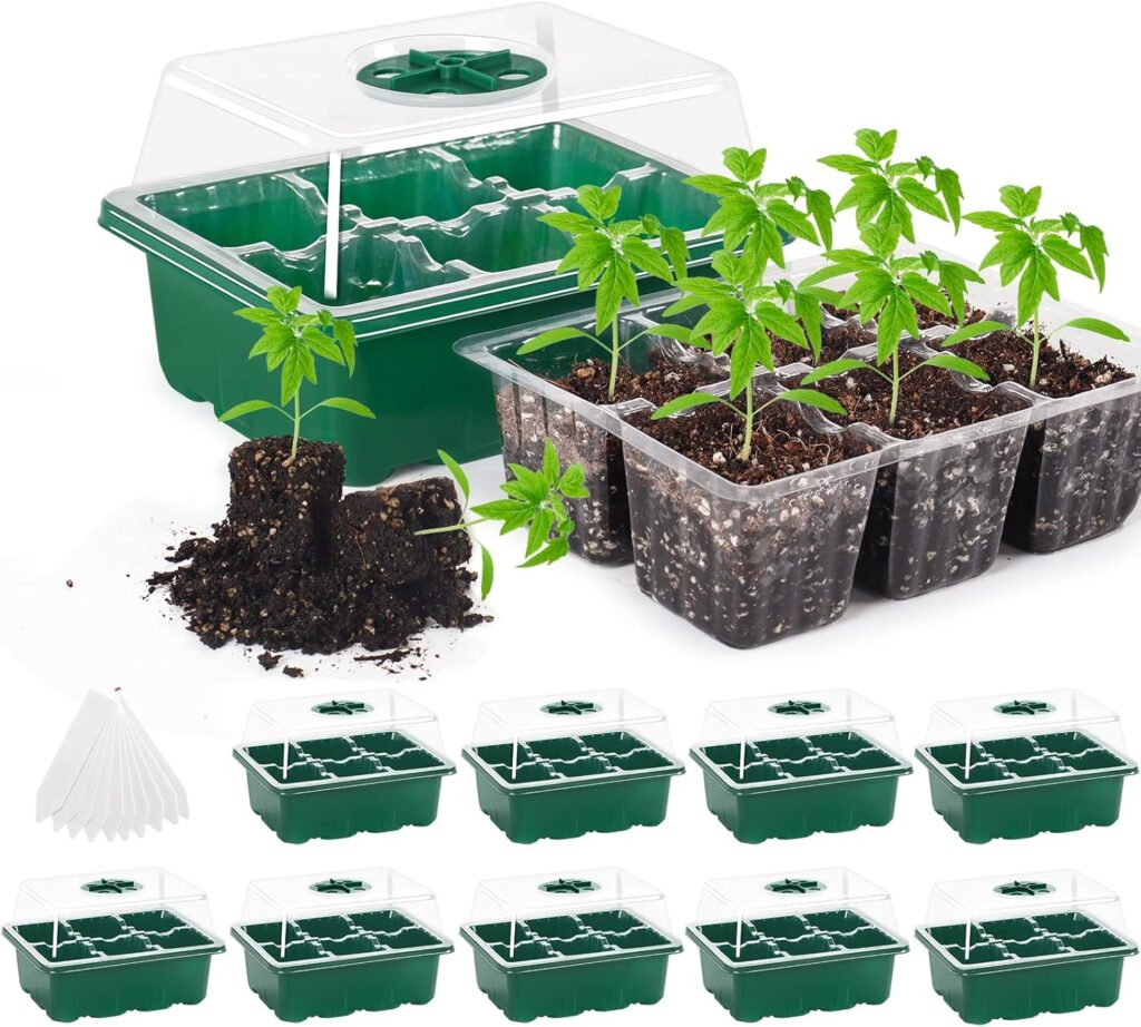 MIXC 10 Set Seedling Trays Seed Starter Kit, 60 Large Cells Mini Propagator Plant Grow Kit with Humidity Vented Domes and Base for Seeds Starting Greenhouse (6 per Tray)