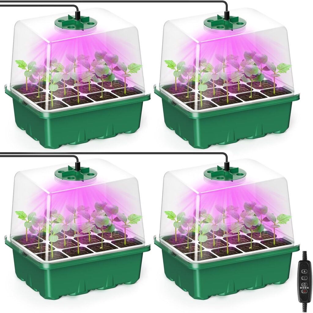 MIXC Seed Starter Tray with Grow Light, 4 Packs Seed Starter Kit with Adjustable Brightness Timing Controller, Seedling Starter Trays with Heightened Lids Mini Greenhouse for Seed Staring(Green)