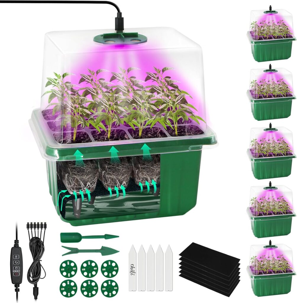 MQUPIN Self Watering Seed Starter Tray with Grow Light,6 Pack/72 Cells Seed Starter Kit with Timing,Humidity Domes,Thicken Tray, Heightened Lids for Greenhouse Seeds Growing Starting