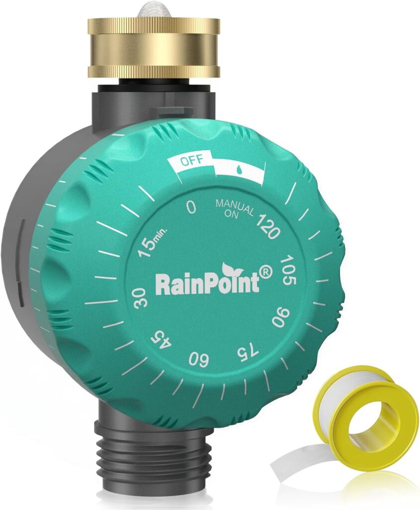 RAINPOINT Mechanical Sprinkler Timer with Brass Swivel, Water Timer for Garden Hose, Waterproof Hose Timer for Watering 1 Outlet, No Batteries Required (1-Pack)