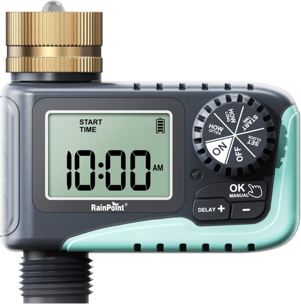 RAINPOINT Sprinkler Timer with Brass Swivel, Water Timer for Garden Hose, Programmable Hose Timer with Rain Delay/Manual Watering, Digital Irrigation Timer System for Lawns, 1 Outlet