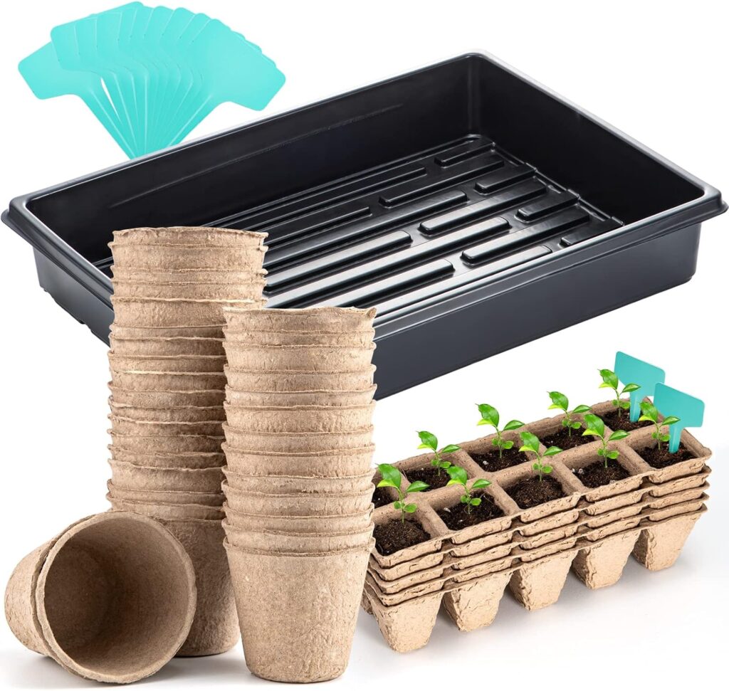 Seed Starter Kit Propagator Plant Grow Kit, 3 Inches Peat Pots, 80 Cells Peat Trays, 15x11 Inches Growing Trays, 15 Packs Plant Labels, Plant Cultivation Set for Classrooms Greenhouse