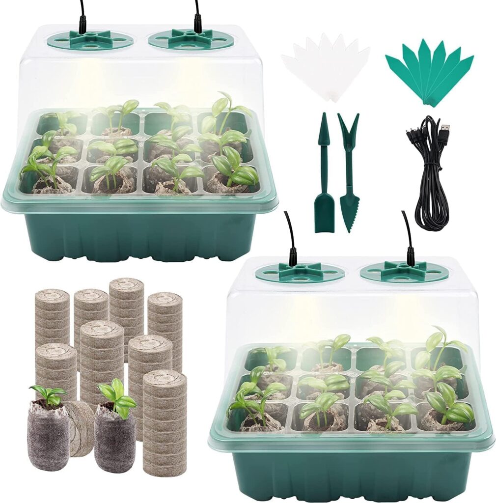 Seed Starter Kit Seed Starting Trays: 60 Peat Pellets + 2 Pack Germination Trays with Grow Light  Humidity Dome + 40 Plant Labels + Gardening Tools Seedling Boxes Set