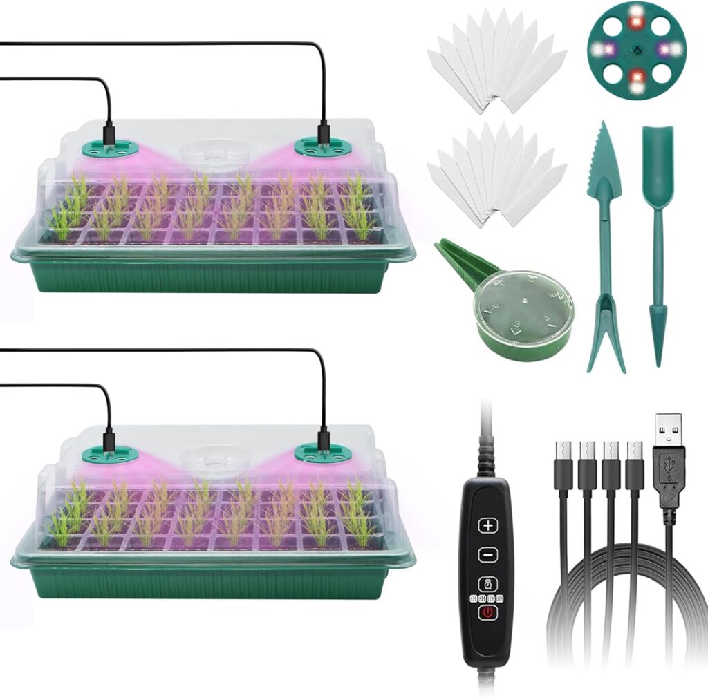 Seed Starter Tray 2 Packs Seedling Starter Trays with Grow Light 4 LEDs, Timer, Dimmable, Seed Starting Trays Kit with Humidity Dome (80 Cells) Indoor Gardening Plant Germination Trays (Green)