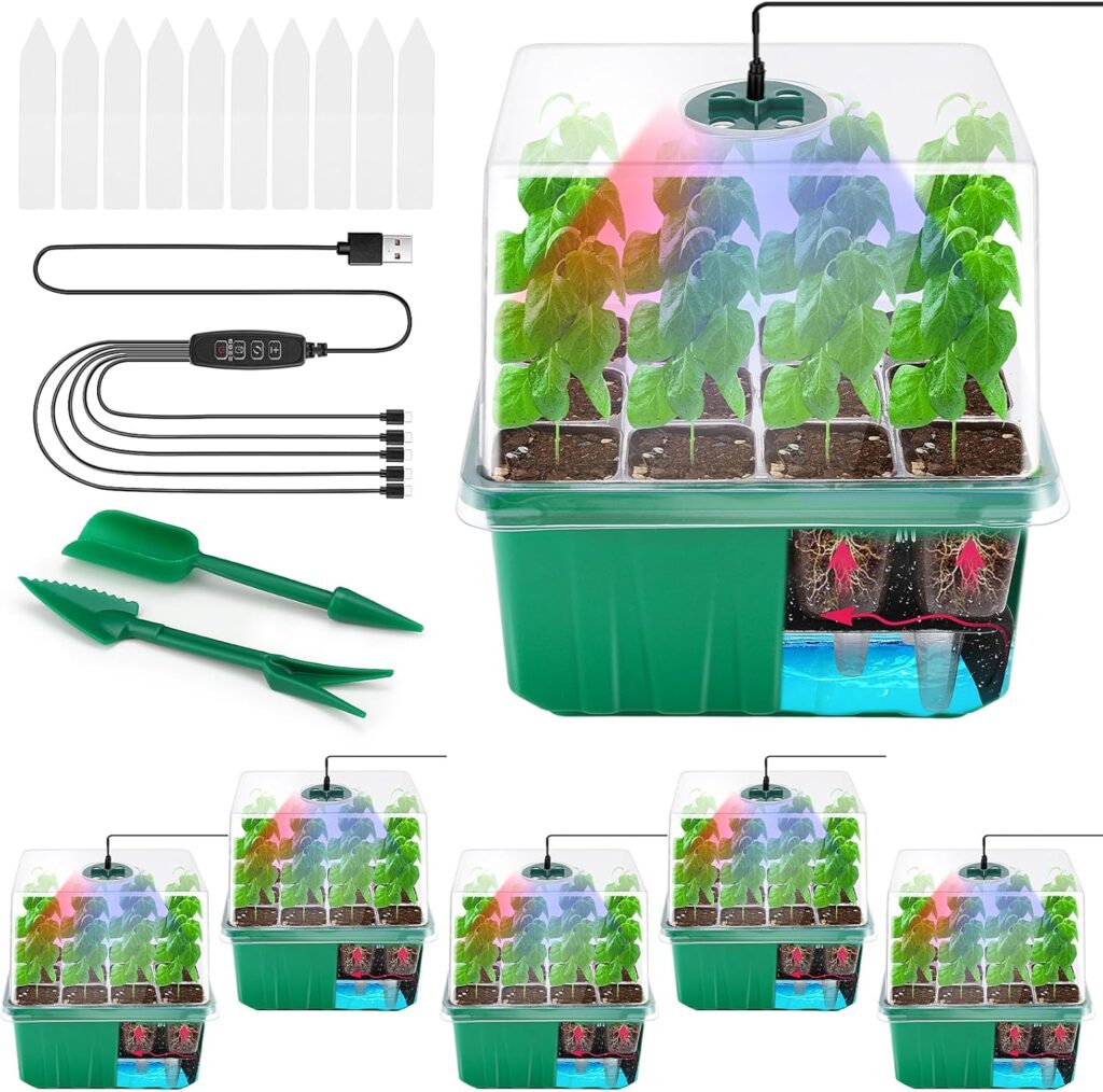 Seed Starter Tray with Grow Light, 5 Pack 60-Cell Self Watering Seed Starting Trays with Humidity Dome, 4.25 inch Taller Seed Starter Kit Plant Seedling Tray Reusable for Greenhouse Gardens